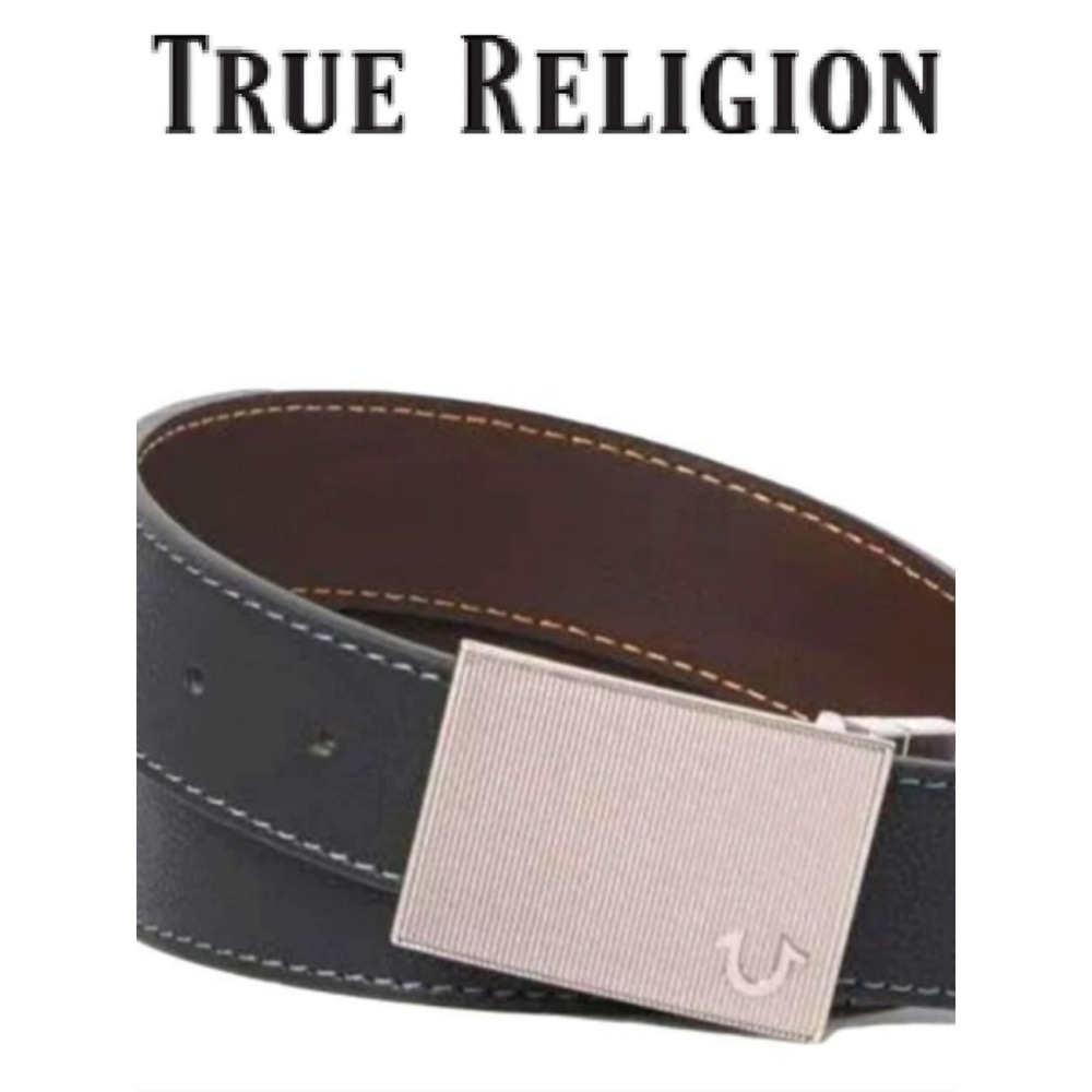 True Religion Optic Reversible Belt w/Texturized Horseshoe Logo Plaque
